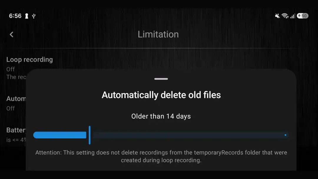 DashCam Travel setting for automatically deleting recordings older than a selected number of days.