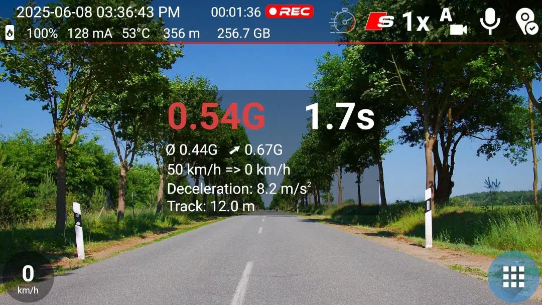 DashCam Travel Sport mode showing a completed braking measurement with deceleration and distance data.