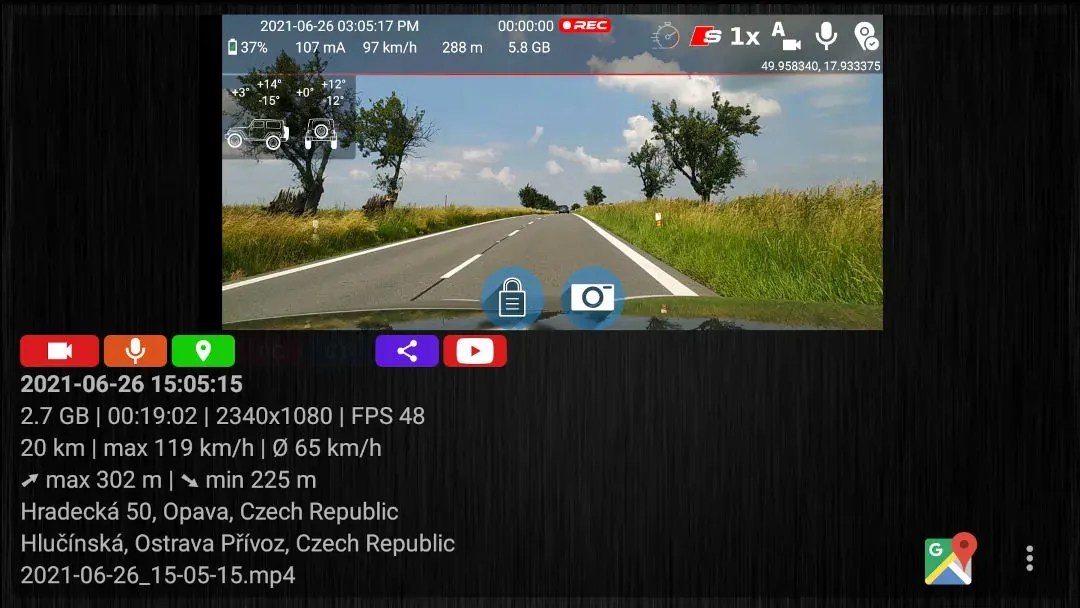 DashCam Travel recording details with video properties, trip statistics and Google Maps access.