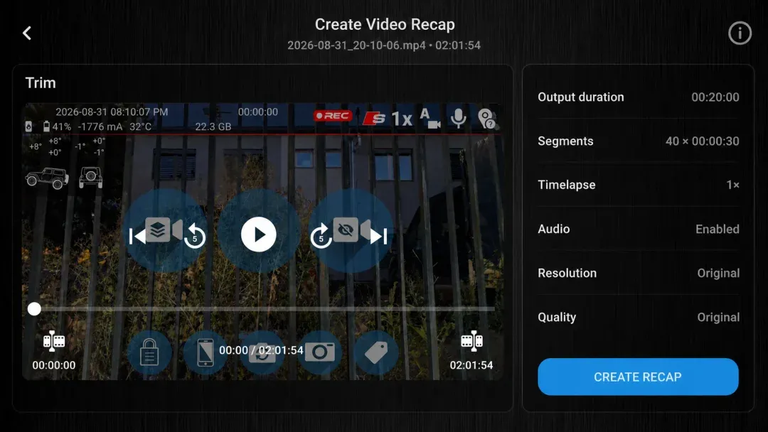 DashCam Travel Video Recap editor with a video preview and output summary.