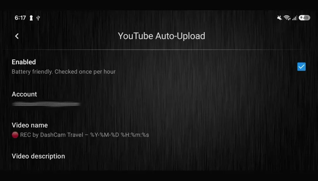DashCam Travel YouTube Auto-Upload settings for account, video naming, privacy and deletion after upload.